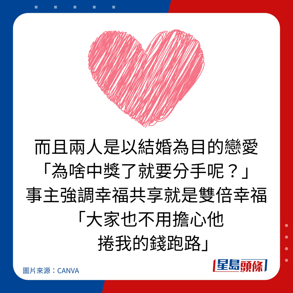 而且两人是以结婚为目的恋爱 「为啥中奖了就要分手呢？」 事主强调幸福共享就是双倍幸福 「大家也不用担心他       卷我的钱跑路」。