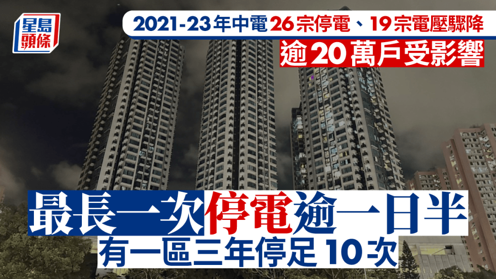 2021至23年中電共26宗停電影響逾20萬戶 最長停超過一日半 一地區3年停足10次