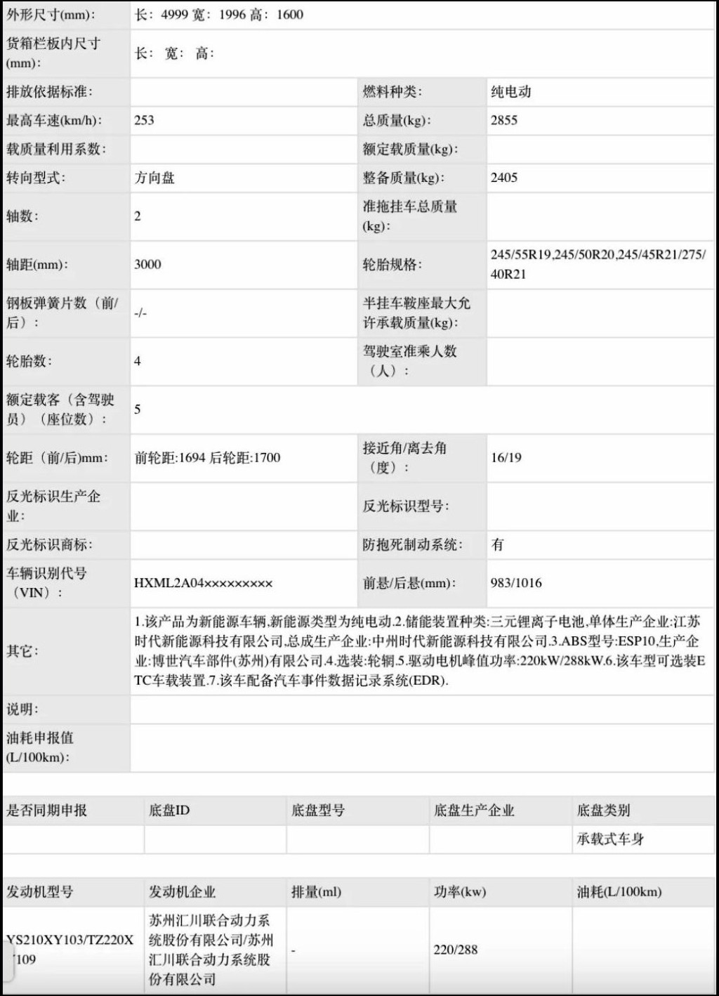 资料披露全新YU 7纯电动SUV，车身尺码分别为为4,999 x 1,996 x 1,600mm，以及3,000mm前后轴距。