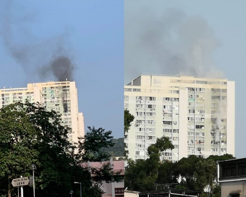 荃灣象山邨發生火警期間，冒出大量濃煙。陳振中議員辦事處fb圖片/ 網民Jeffrey Lai/ 香港突發事故報料區fb群組