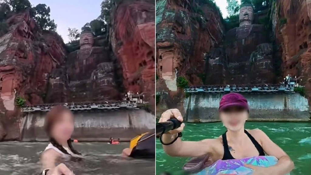 遊客冒險在樂山大佛前漂流拍片。