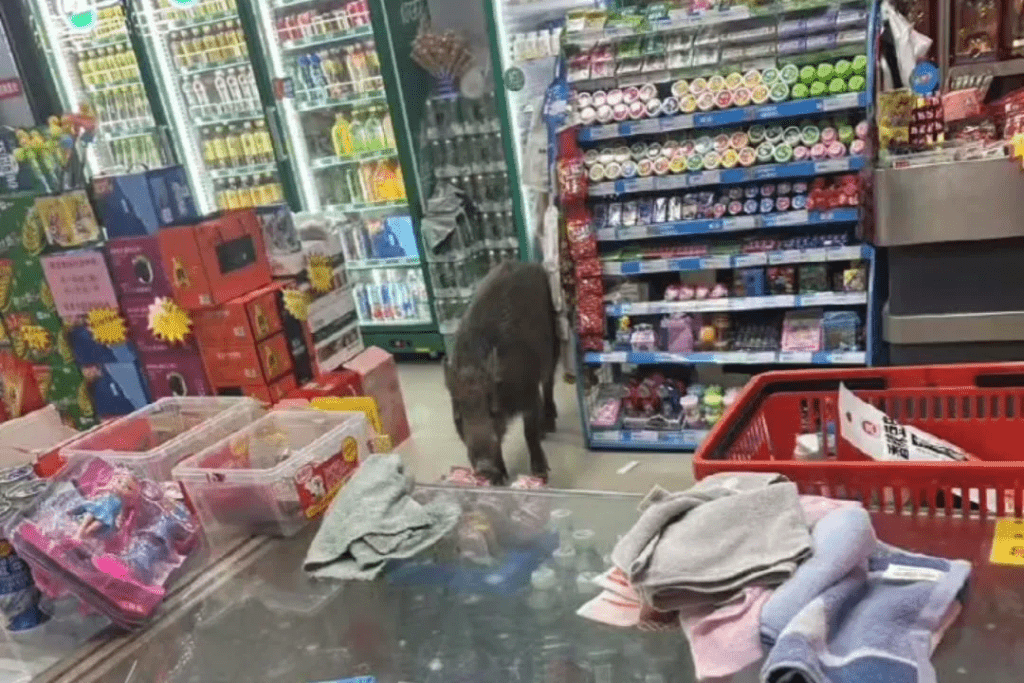 网民发布影片显示，野猪冲入一超市。