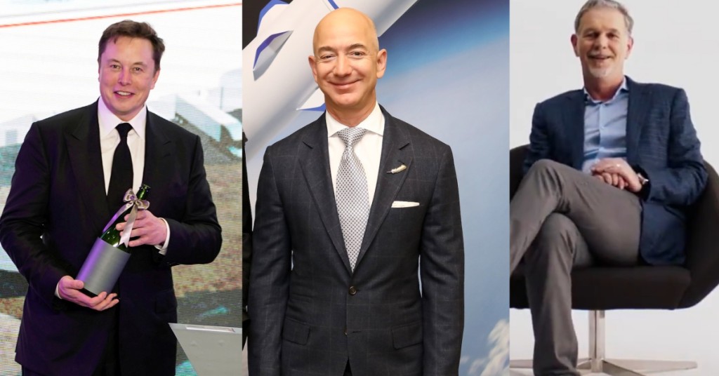 亞馬遜的Jeff Bezos(左)、Tesla的Elon Musk (中)及Netflix的Reed Hastings(右)。
