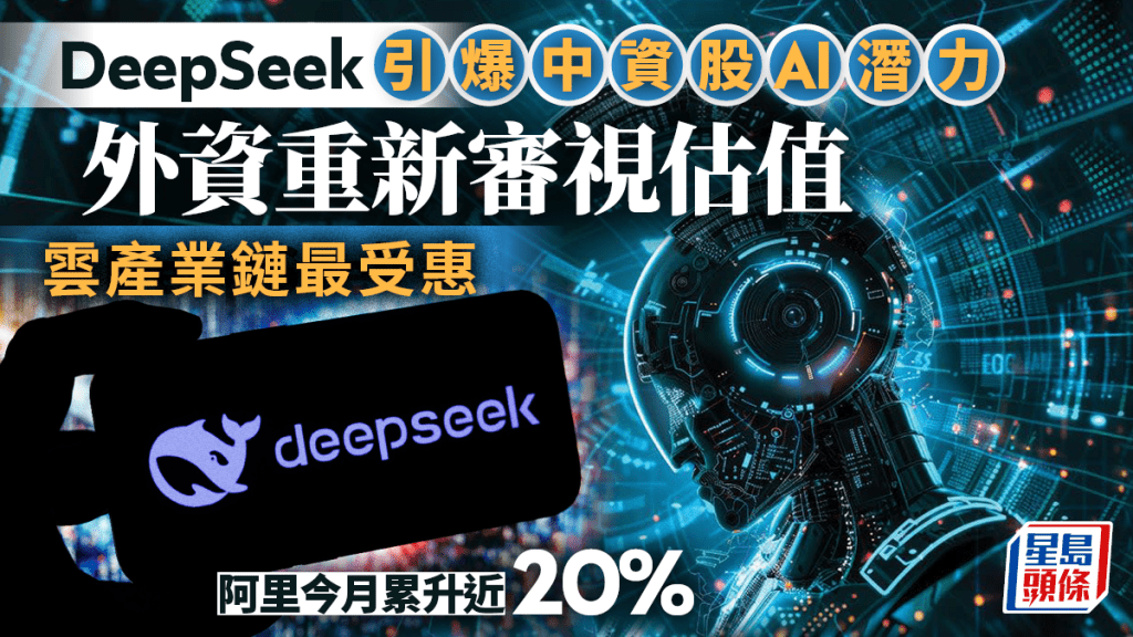 DeepSeek引爆中資股AI潛力 外資重新審視估值 雲產業鏈最受惠 阿里今月累升近20%