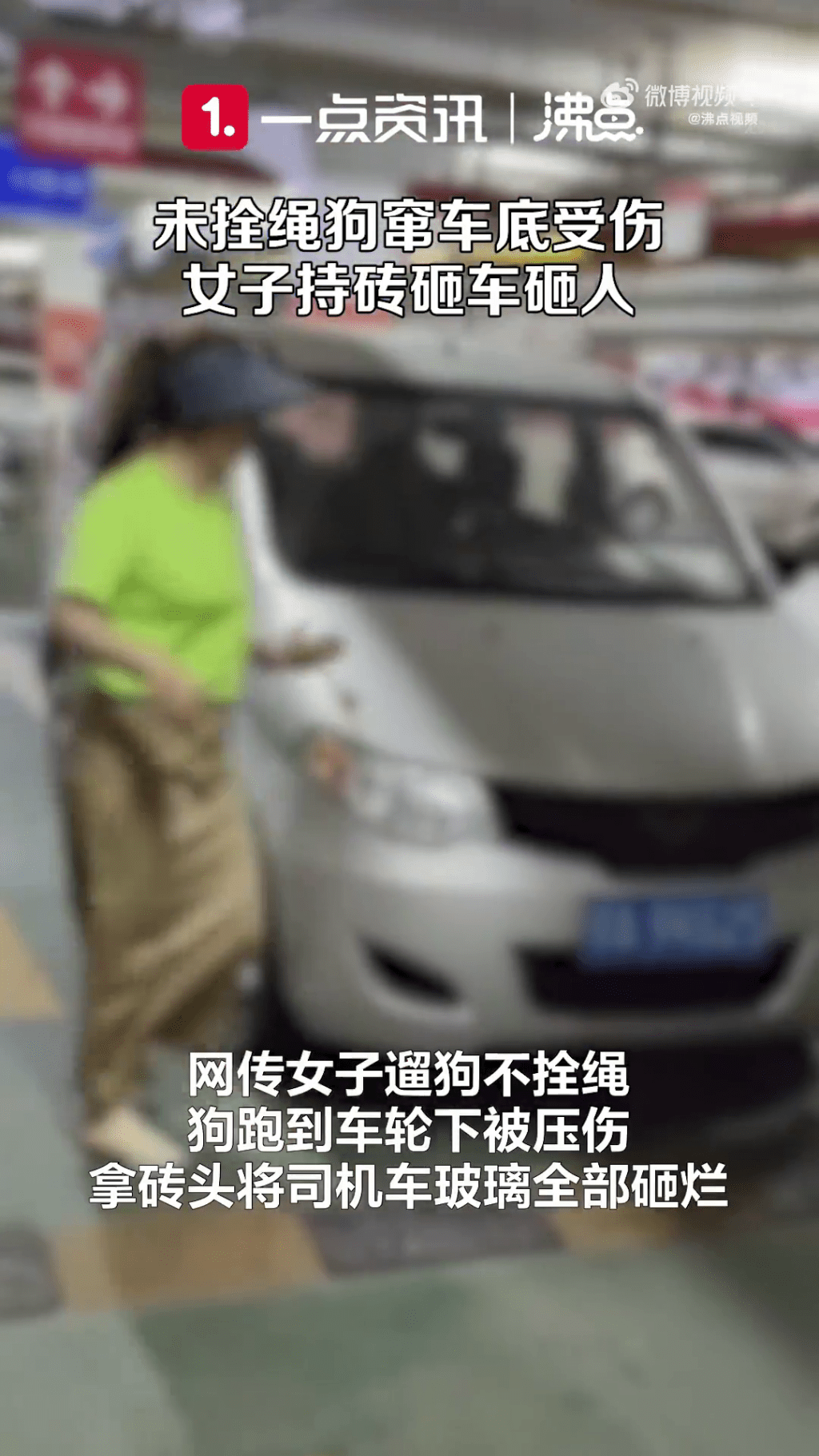 凶狠女狗主擸砖扑车，将车窗打碎。