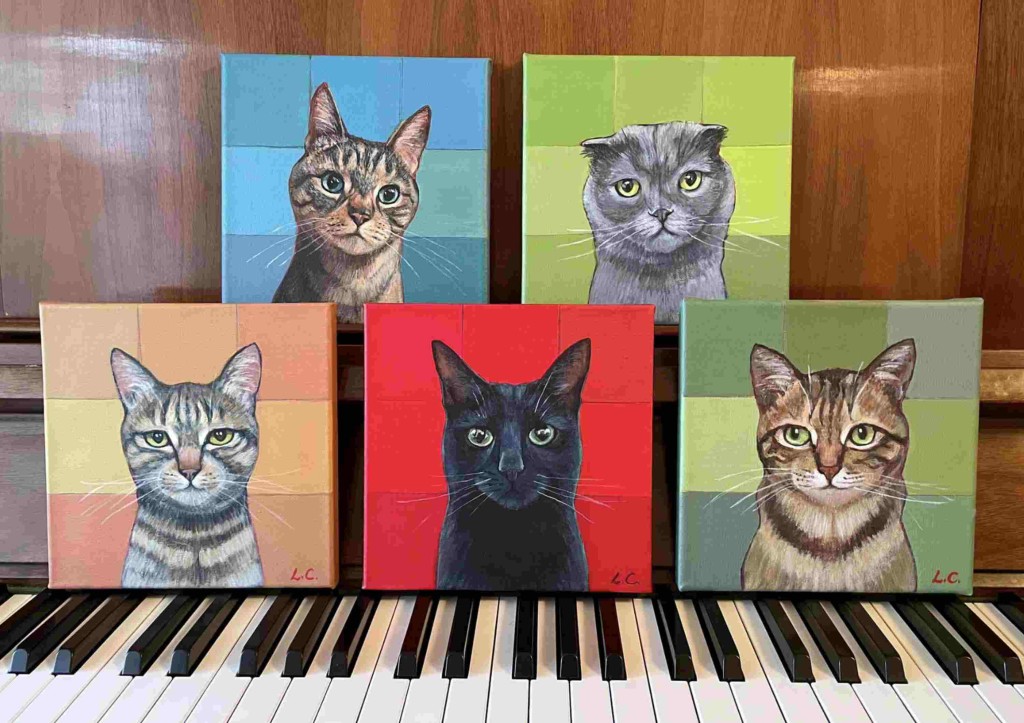 画家按照片绘画猫猫的照片，画作传神逼真。