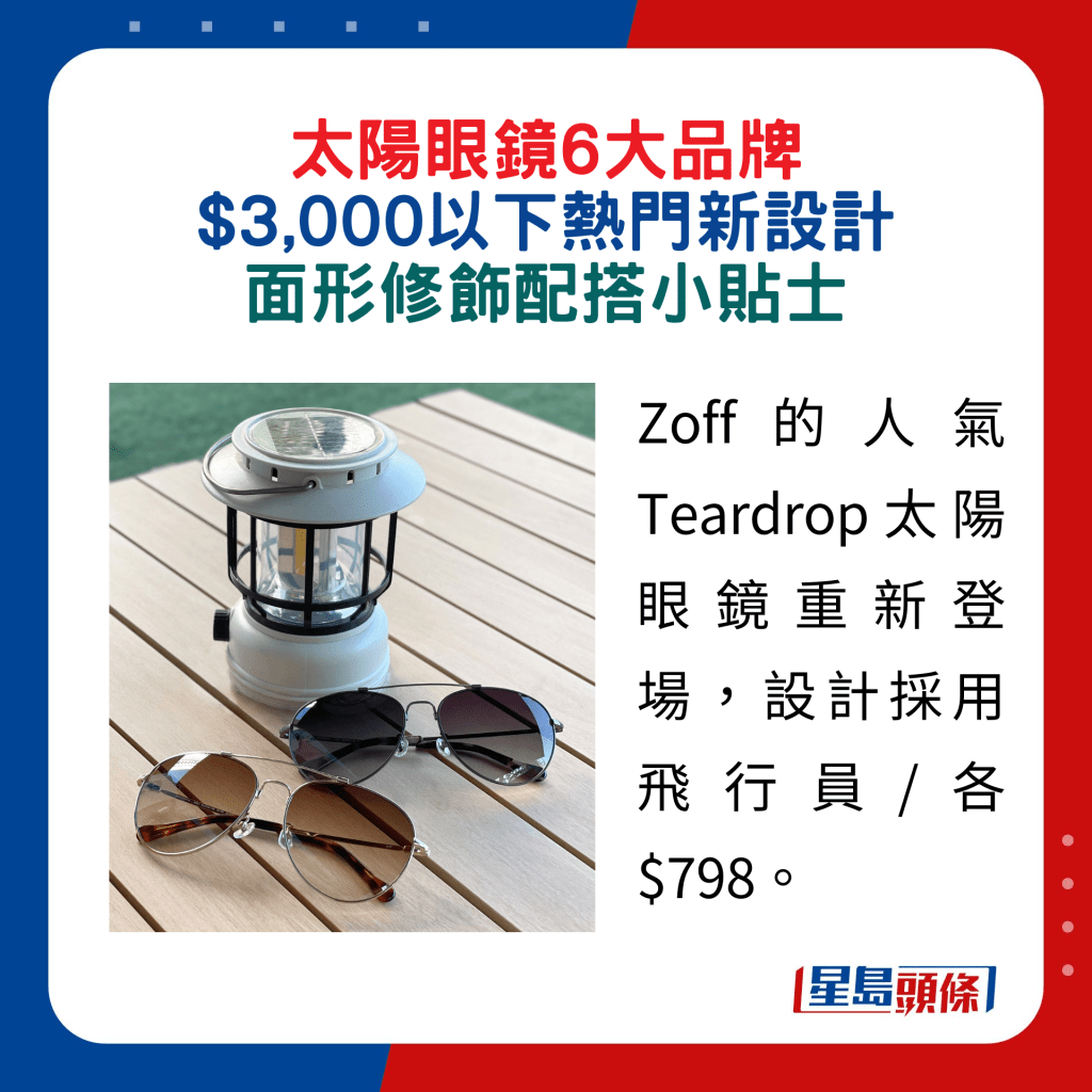 Zoff的人气 Teardrop太阳眼镜重新登场，设计采用飞行员/各$798。