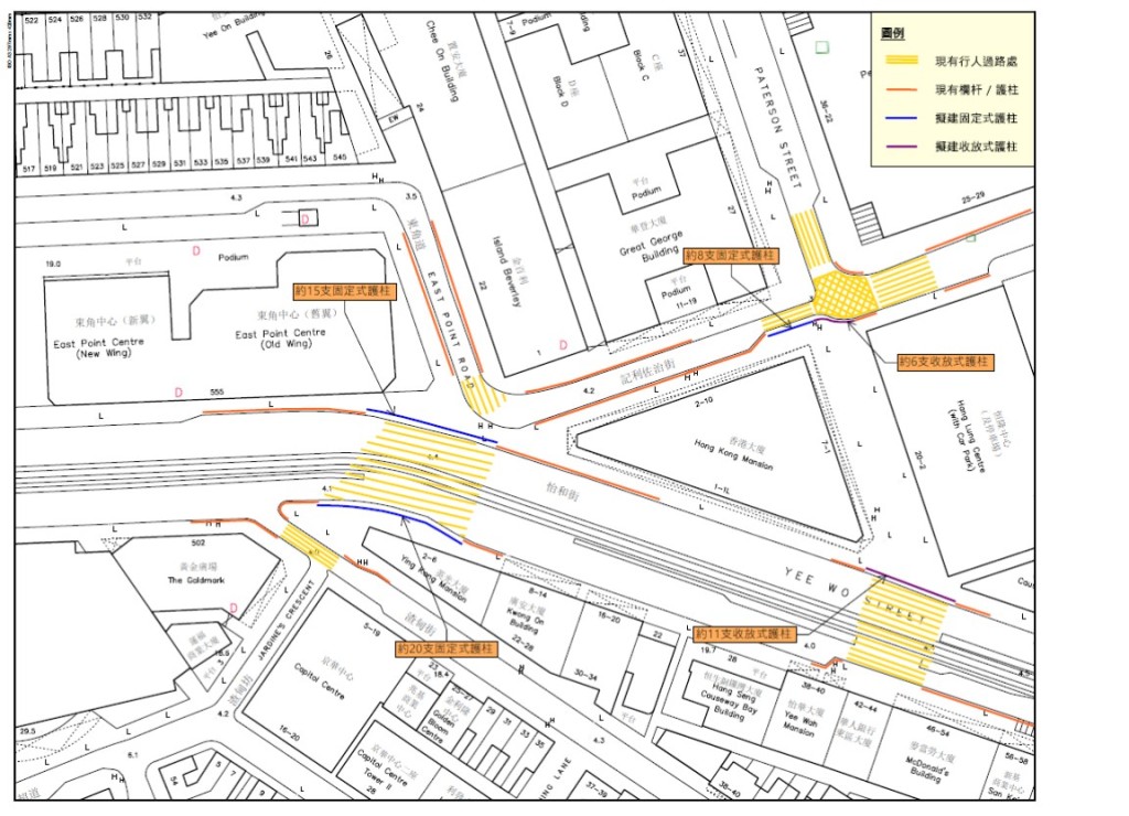 警務處、路政署及運輸署向灣仔區議會提交文件,建議於銅鑼灣軒尼詩道555號外過路處一帶及百德新街全日行人專用街道安裝汽車防撞設施。灣仔區議會文件 警務處、路政署及運輸署向灣仔區議會提交文件,建議於銅鑼灣軒尼詩道555號外過路處一帶及百德新街全日行人專用街道安裝汽車防撞設施。灣仔區議會文件