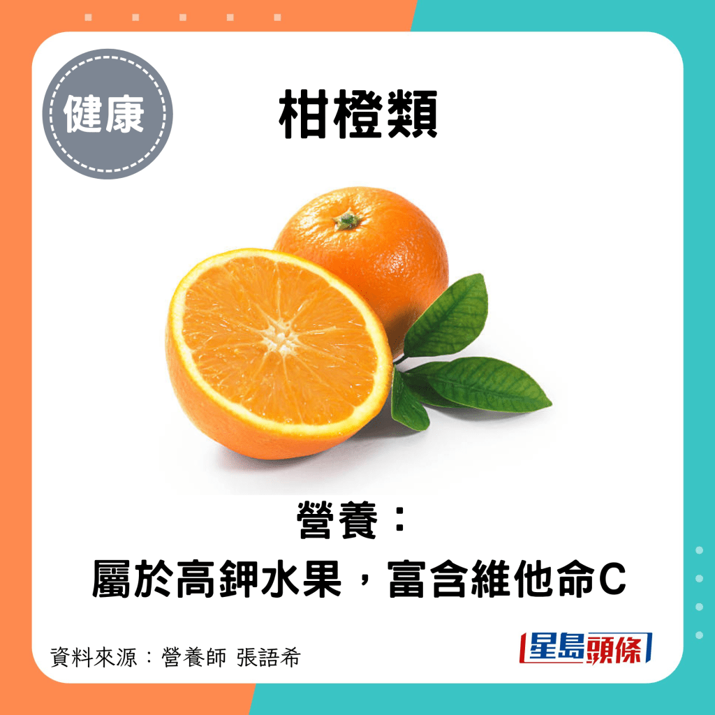 柑橙類：營養： 屬於高鉀水果，富含維他命C