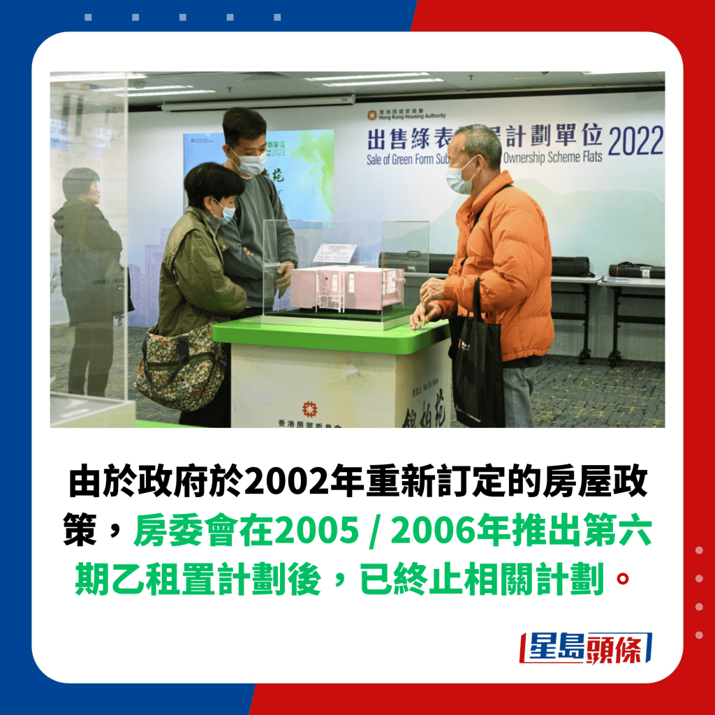 由於政府於2002年重新訂定的房屋政策，房委會在2005 / 2006年推出第六期乙租置計劃後，已終止相關計劃。