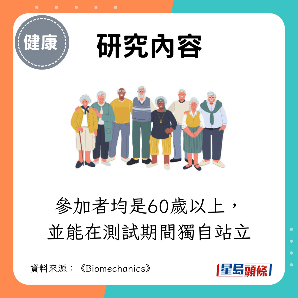 參加者均是60歲以上，並能在測試期間獨自站立