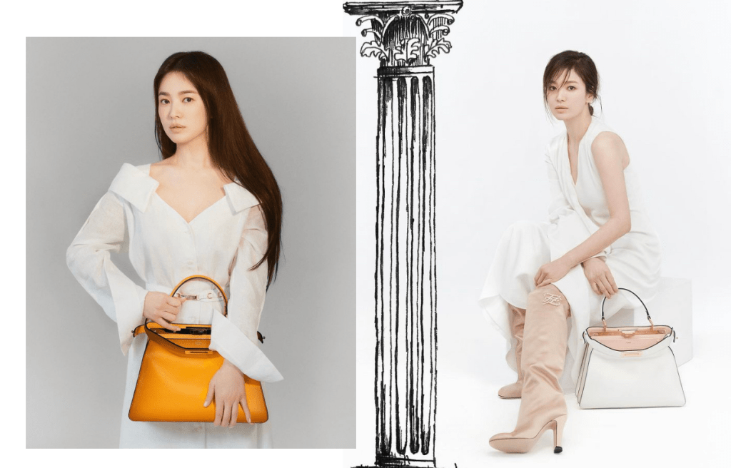 身為Fendi韓國品牌大使的宋慧喬，則演繹品牌不同的白色新作，其一款V型領口麻布連衣裙，Deep V的衣領有助修飾面形，視，帶來修長的視效。