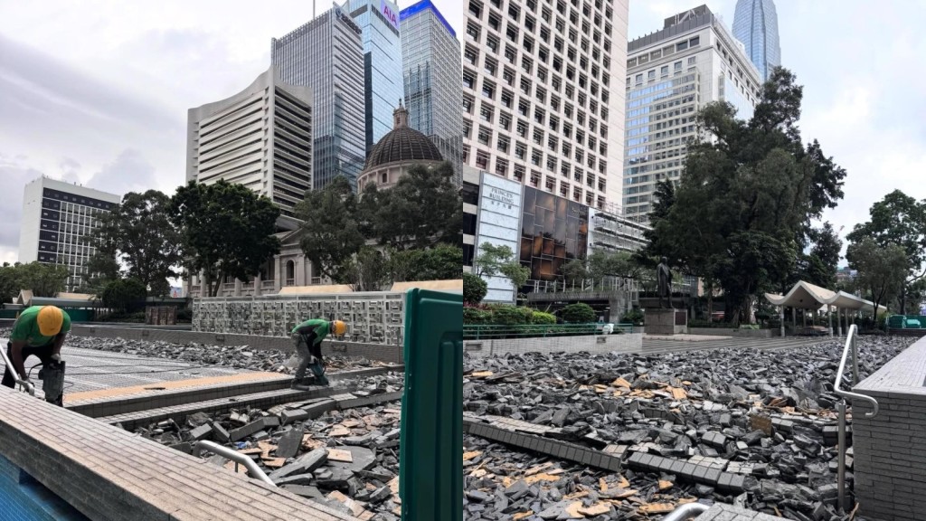 皇后像廣場花園近日進行翻新工程，近港鐵中環站的出入口已用圍板封閉，並清拆地台。 threads @my.central.station
