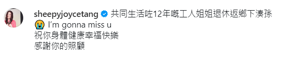 滕麗名發文感性送別相伴 12 年的外傭姐姐，感謝對方多年悉心照顧。