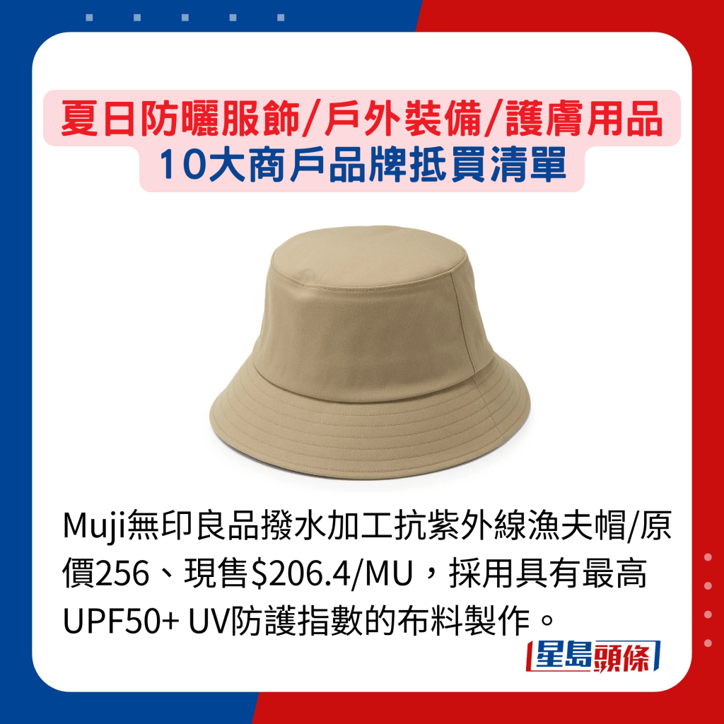 Muji无印良品拨水加工抗紫外线渔夫帽/原价256、现售$206.4/MU，采用具有最高UPF50+ UV防护指数的布料制作。