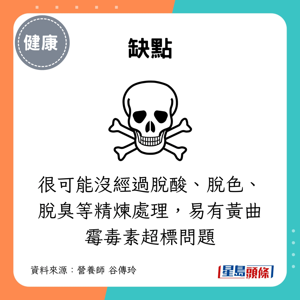 很可能没经过脱酸、脱色、脱臭等精炼处理，易有黄曲霉毒素超标问题