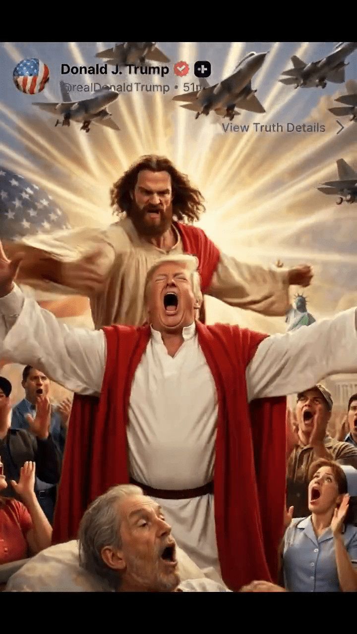 伊朗驻外使馆发AI片:特朗普遭耶稣“爆头打入地狱”。 伊朗驻外使馆发AI片:特朗普遭耶稣“爆头打入地狱”。