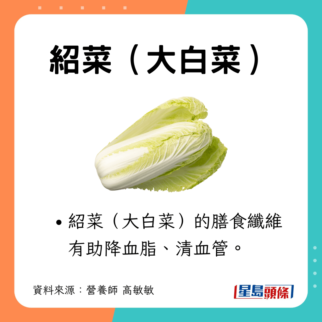耐放蔬菜10｜紹菜（大白菜）：紹菜（大白菜）的膳食纖維有助降血脂、清血管。