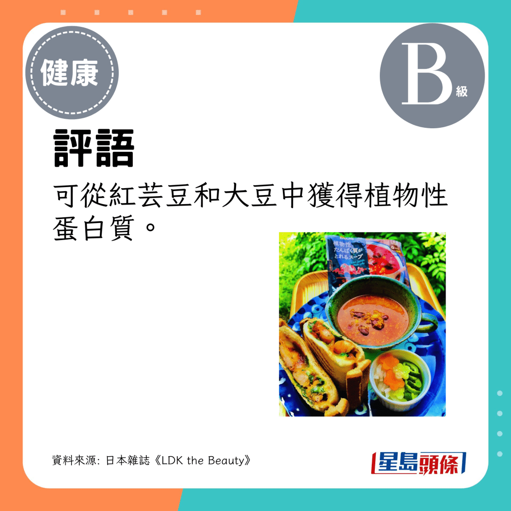 評語:可從紅芸豆和大豆中獲得植物性蛋白質。