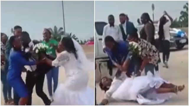 新娘被毁婚后哀求原谅，跌倒后在地上翻滚。（截图自TikTok@officialnanaquame） 