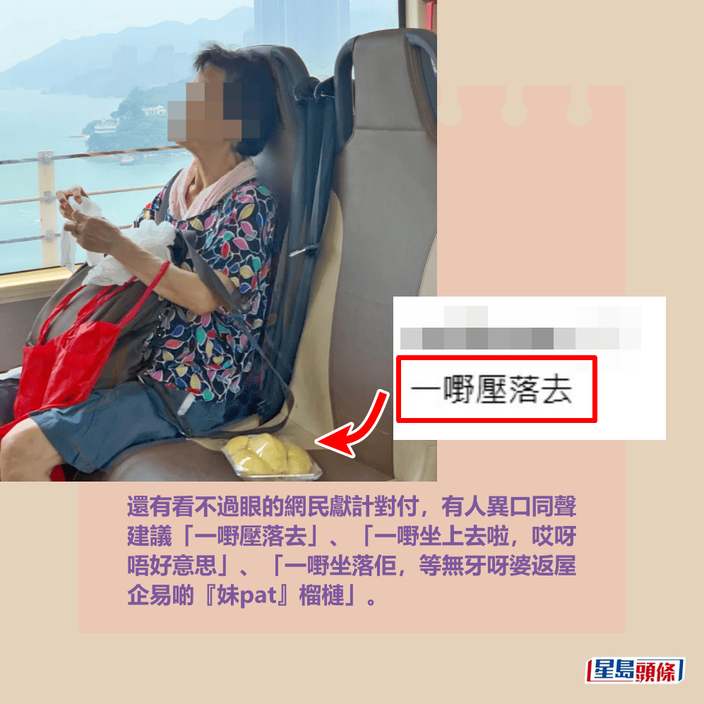 還有看不過眼的網民獻計對付，有人異口同聲 建議「一嘢壓落去」、「一嘢坐上去啦，哎呀 唔好意思」、「一嘢坐落佢，等無牙呀婆返屋 企易啲『妹pat』榴槤」。Threads截圖