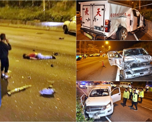 吐露港公路晚上發生嚴重交通意外，其中一名傷者拋出車外倒卧馬路上。