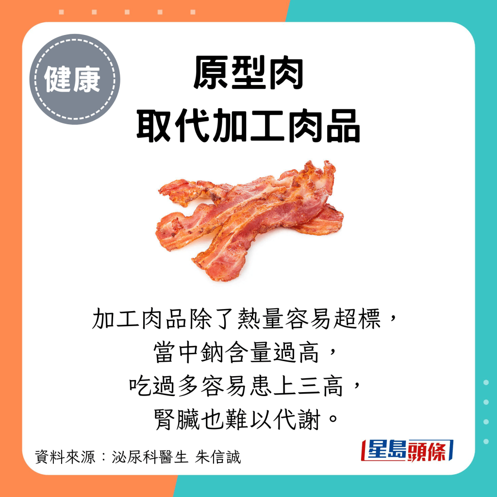 原型肉 取代加工肉品：加工肉品除了热量容易超标， 当中钠含量过高， 吃过多容易患上三高， 肾脏也难以代谢。