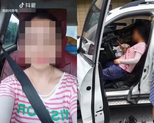 杭州有女子在開車期間玩抖音,令汽車撞至馬路邊護欄,等候救援期間仍繼續用手機。微博圖片
