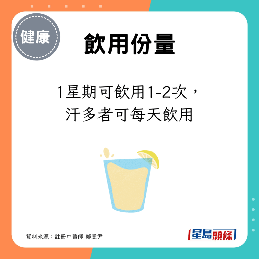 小暑「加鹽檸檬水」：1星期可飲用1-2次，汗多者可每天飲用