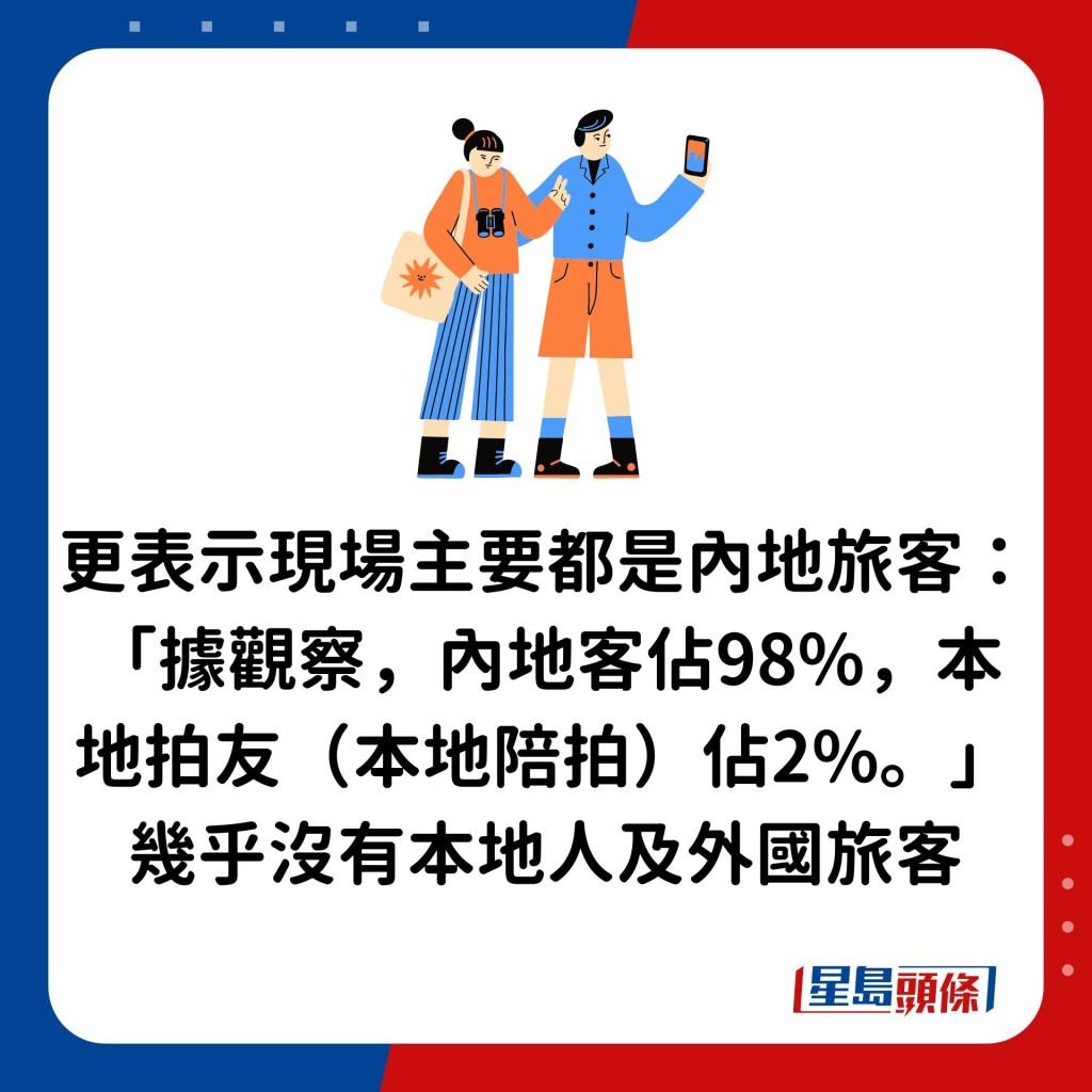 更表示現場主要都是內地旅客：「據觀察，內地客佔98%，本地拍友（本地陪拍）佔2%。」幾乎沒有本地人及外國旅客。