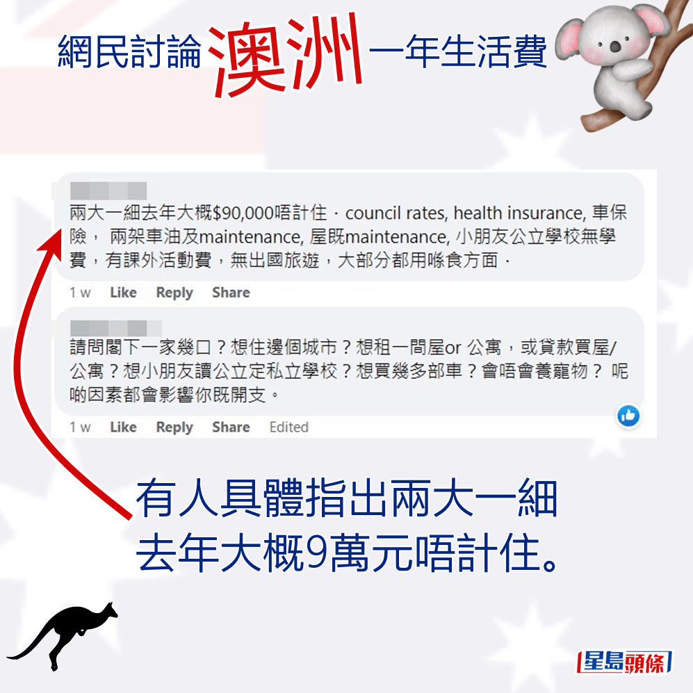 有人具體指出兩大一細去年大概9萬元唔計住。fb「香港人移民澳洲🇦🇺」截圖