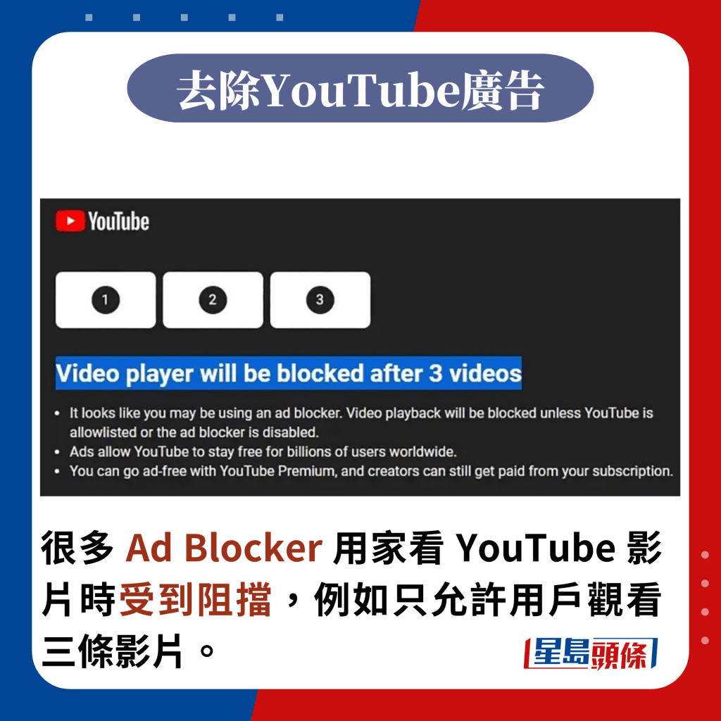 很多 Ad Blocker 用家看 YouTube 影片時受到阻擋，例如只允許用戶觀看三條影片。