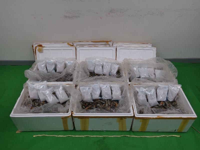 海關在一批從泰國抵港，報稱載有急凍蝦的空運貨物中檢獲約懷疑液態冰毒。政府新聞處圖片