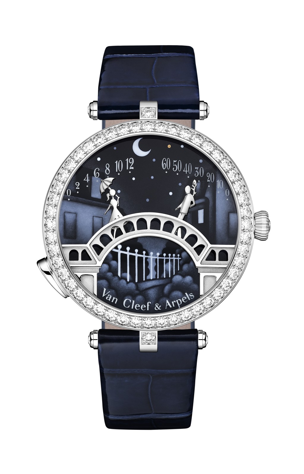 Pont des Amoureux腕錶，38毫米鍍銠白金製錶殼及錶圈，鑲配圓鑽；墨彩琺瑯錶盤上，描繪了一對戀人在月下的巴黎橋上相會的甜蜜情景。此錶搭載逆跳機芯，二人分別指示小時和分鐘，當二人緩緩靠近對方，便會相遇親吻。
