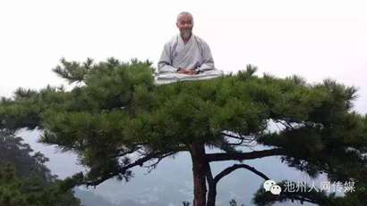 僧人在九华山一棵松树顶上盘腿打坐，当年引起网民热议。网上截图