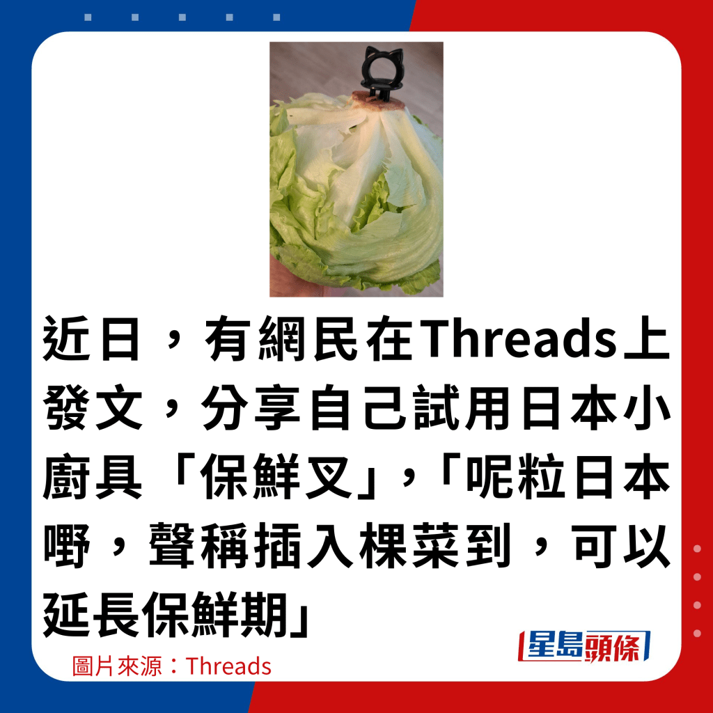 近日，有网民在Threads上发文，分享自己试用日本小厨具「保鲜叉」，「呢粒日本嘢，声称插入棵菜到，可以延长保鲜期」