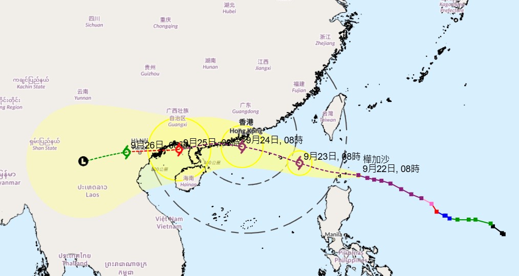 超強颱風「樺加沙」預計會在今明兩日，逐漸靠近廣東沿岸。天文台網圖片