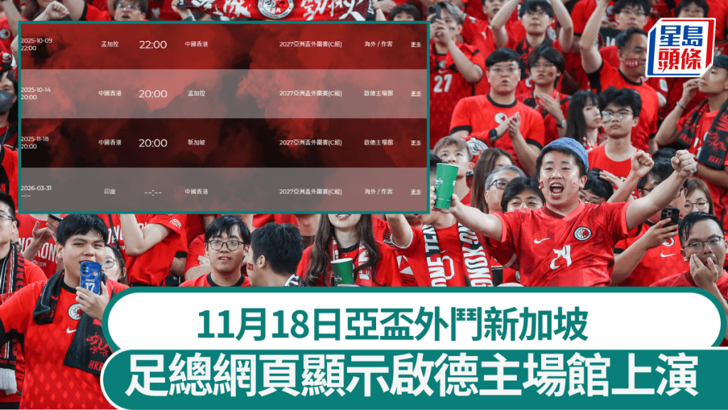 港隊11月18日亞盃外鬥新加坡，足總網頁顯示啟德主場館上演。