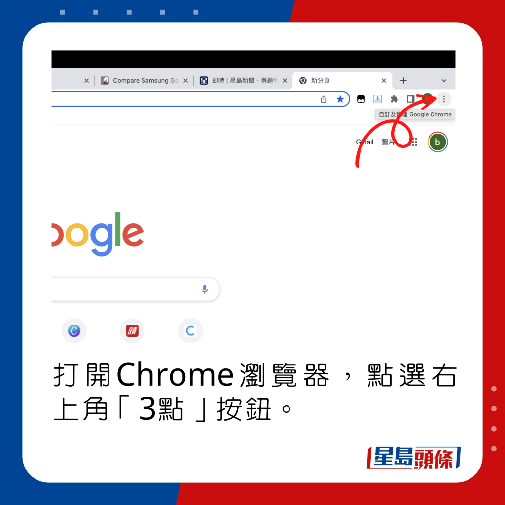 打開Chrome瀏覽器，點選右上角「3點」按鈕。