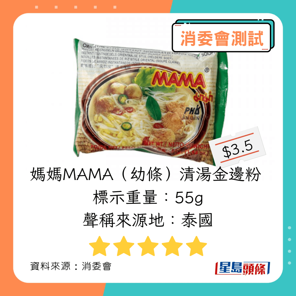 消委會米粉推介｜米製麵食總評獲5星  媽媽MAMA（幼條）清湯金邊粉