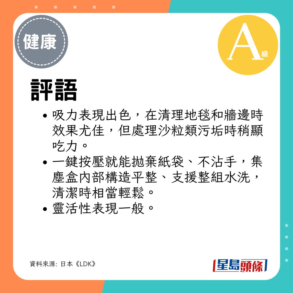 吸力表现出色，在清理地毯和墙边时效果尤佳，但处理沙粒类污垢时稍显吃力。