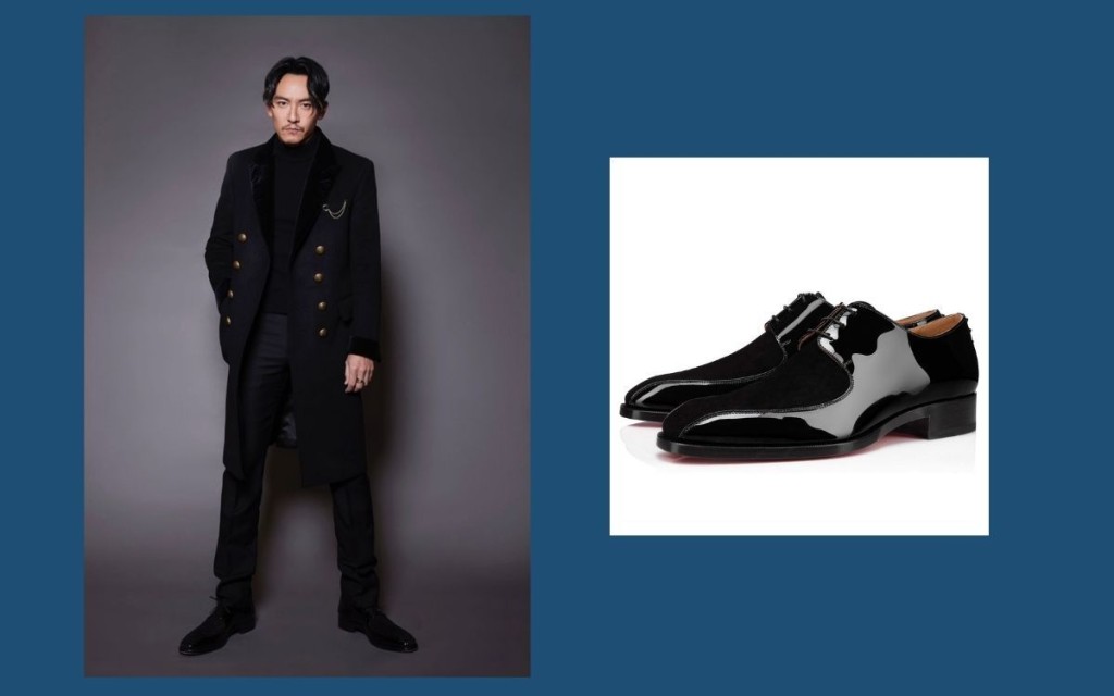 今屆榮獲影帝的張震,穿上Christian Louboutin黑色漆面Marco Spikes皮鞋。