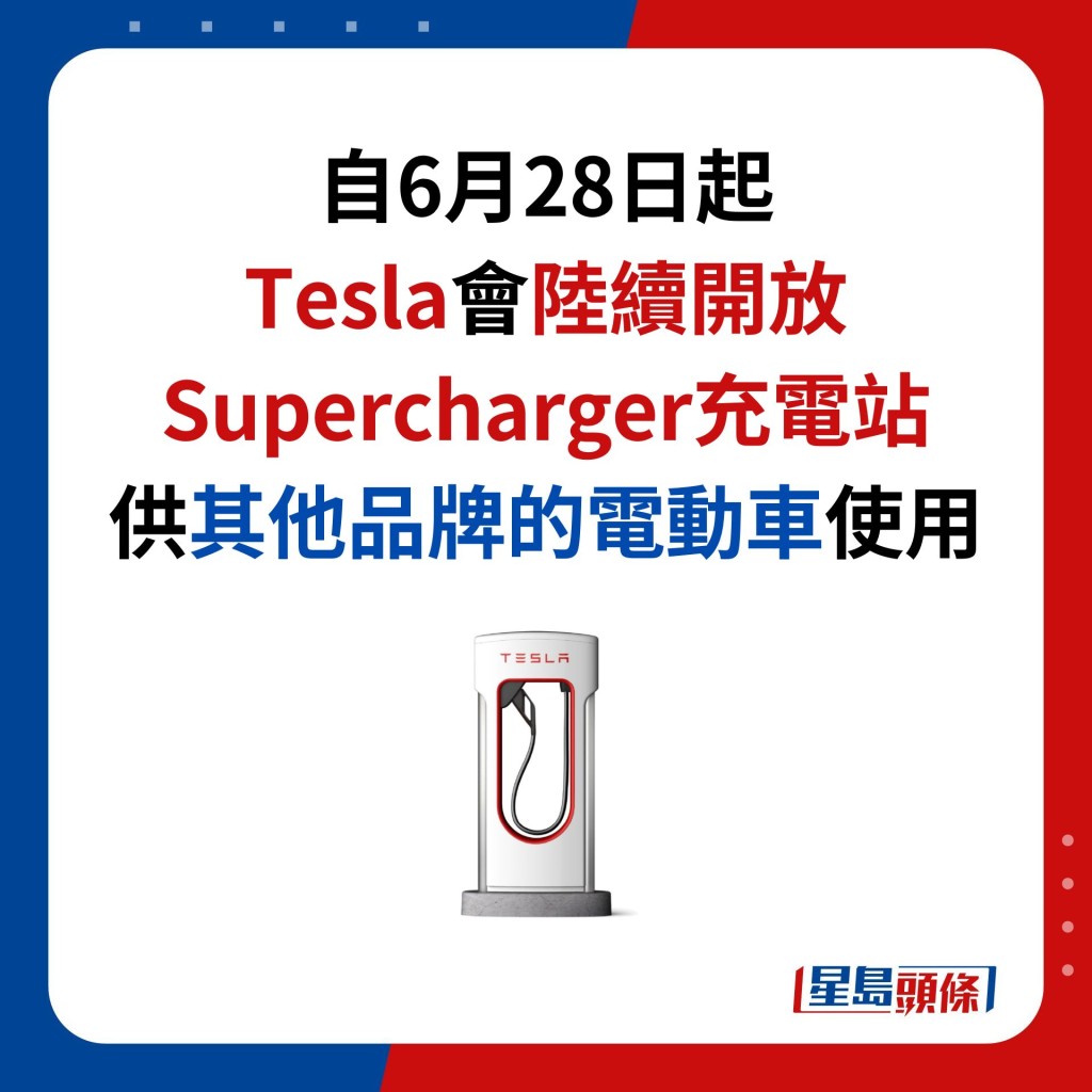 自6月28日起 Tesla會陸續開放Supercharger充電站 供其他品牌的電動車使用