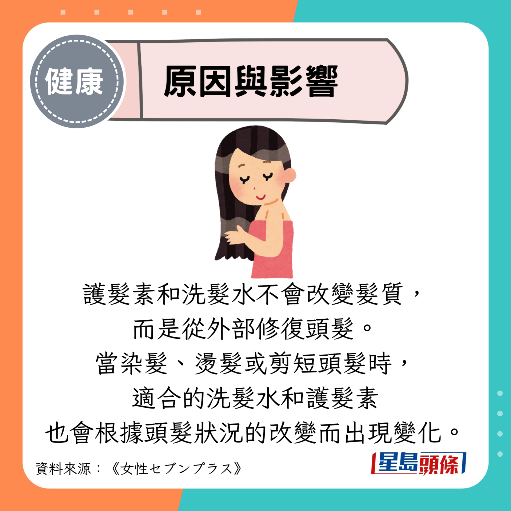 原因與影響：護髮素和洗髮水不會改變髮質， 而是從外部修復頭髮。 當染髮、燙髮或剪短頭髮時， 適合的洗髮水和護髮素 也會根據頭髮狀況的改變而出現變化。