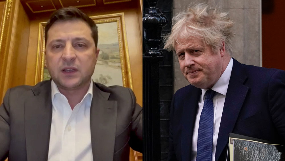 烏克總統澤倫斯基與英國首相約翰遜通話。AP圖