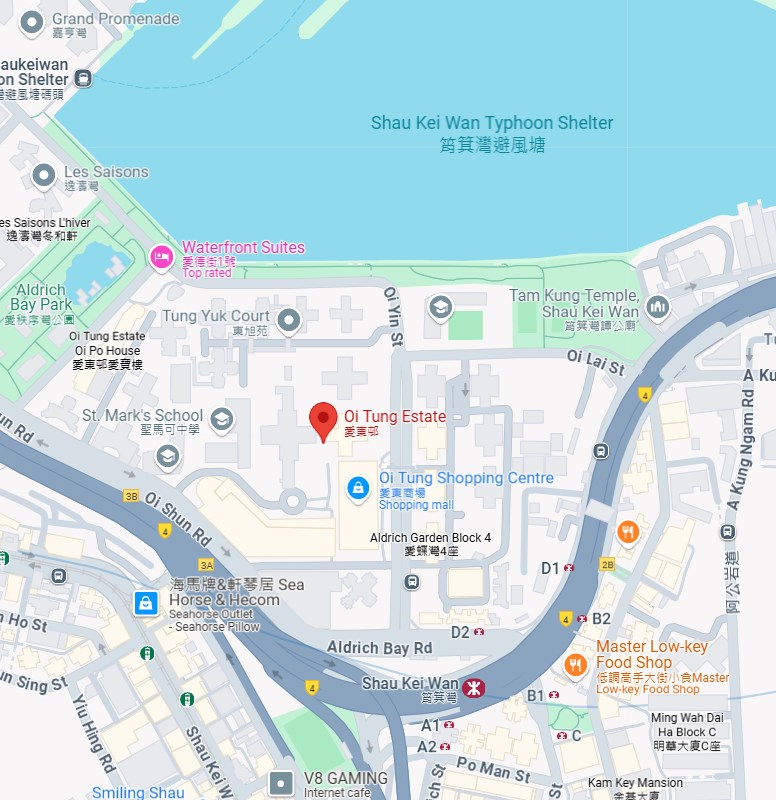 爱东邨邻近筲箕湾港铁站。Ｇoogle地图截图