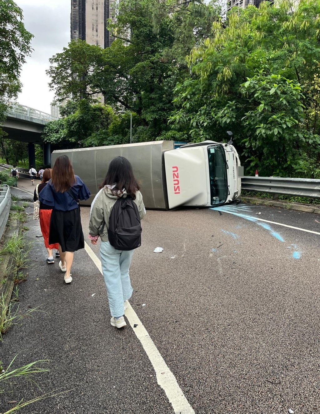 貨車翻側阻路,有市民落車步行。fb香港公共交通智庫圖片 貨車翻側阻路,有市民落車步行。fb香港公共交通智庫圖片