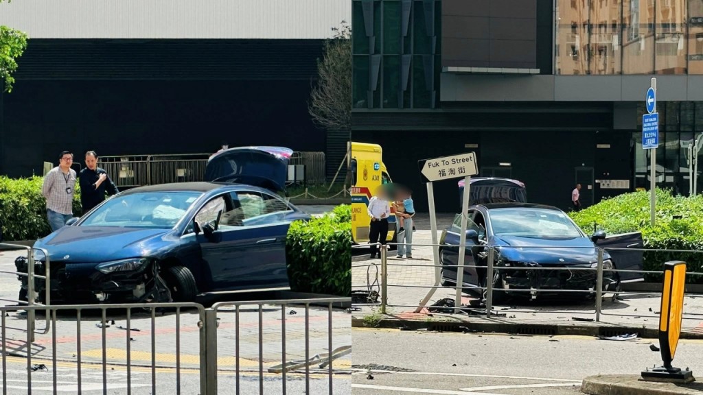 牛頭角再有長者司機剷上行人路 Tesla八旬翁撞斷欄杆路牌 幸未波及途人