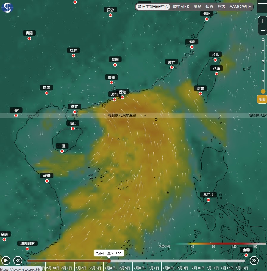 歐洲中期天氣預報中心（ECMWF）預測7月4日風力。