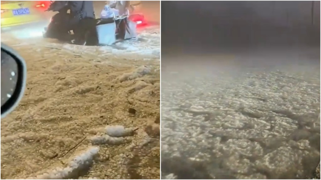 貴陽落雹街頭「冰流成河」 。 央視新聞